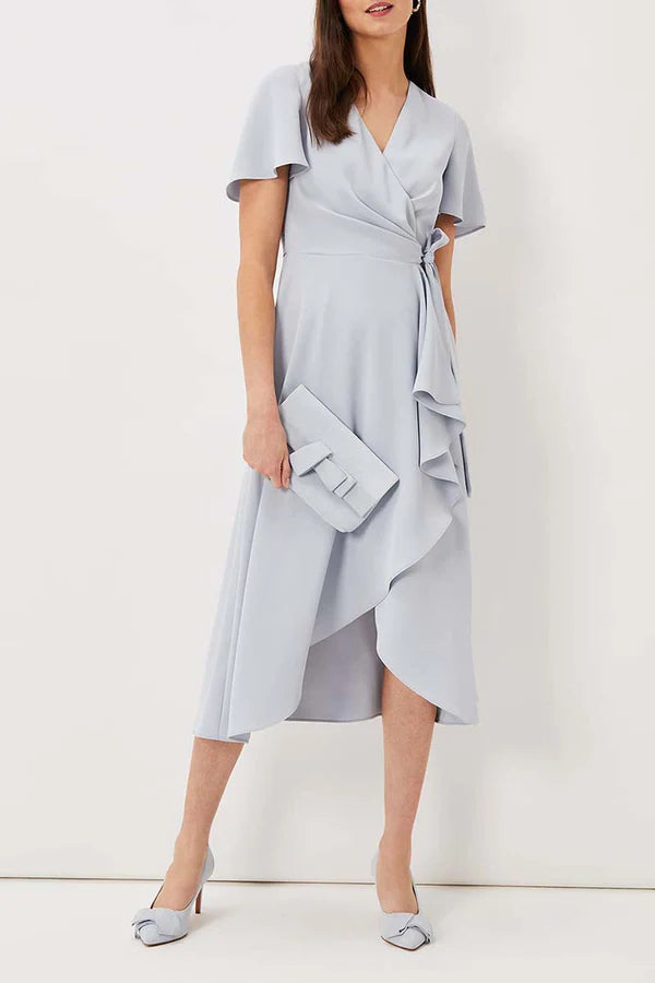 Purple Crepe A-Line Midi Evening Dress with V-Neck, Wrap Design & Asymmetrical Ruffled Hem