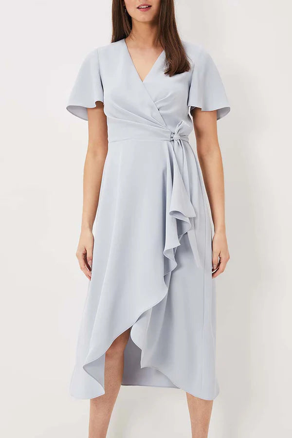 Purple Crepe A-Line Midi Evening Dress with V-Neck, Wrap Design & Asymmetrical Ruffled Hem