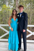 Teal Chiffon A-Line V-Neck Floor-Length Evening Dress with Tiered Skirt & Side Cut-Outs