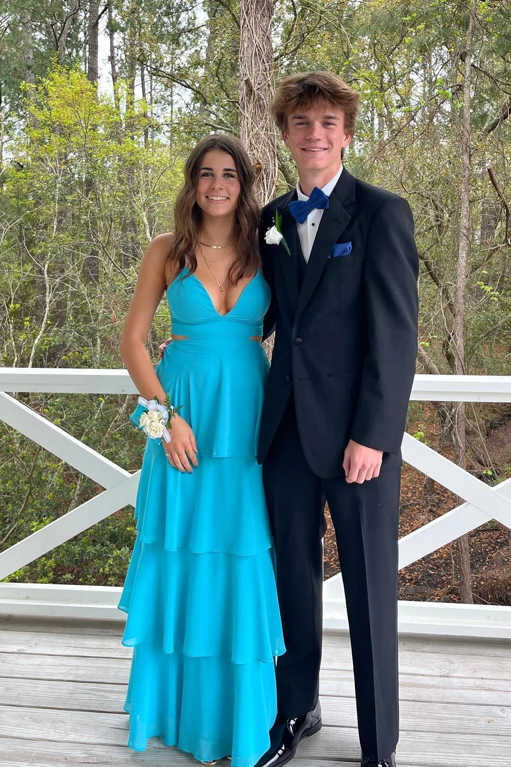 Teal Chiffon A-Line V-Neck Floor-Length Evening Dress with Tiered Skirt & Side Cut-Outs