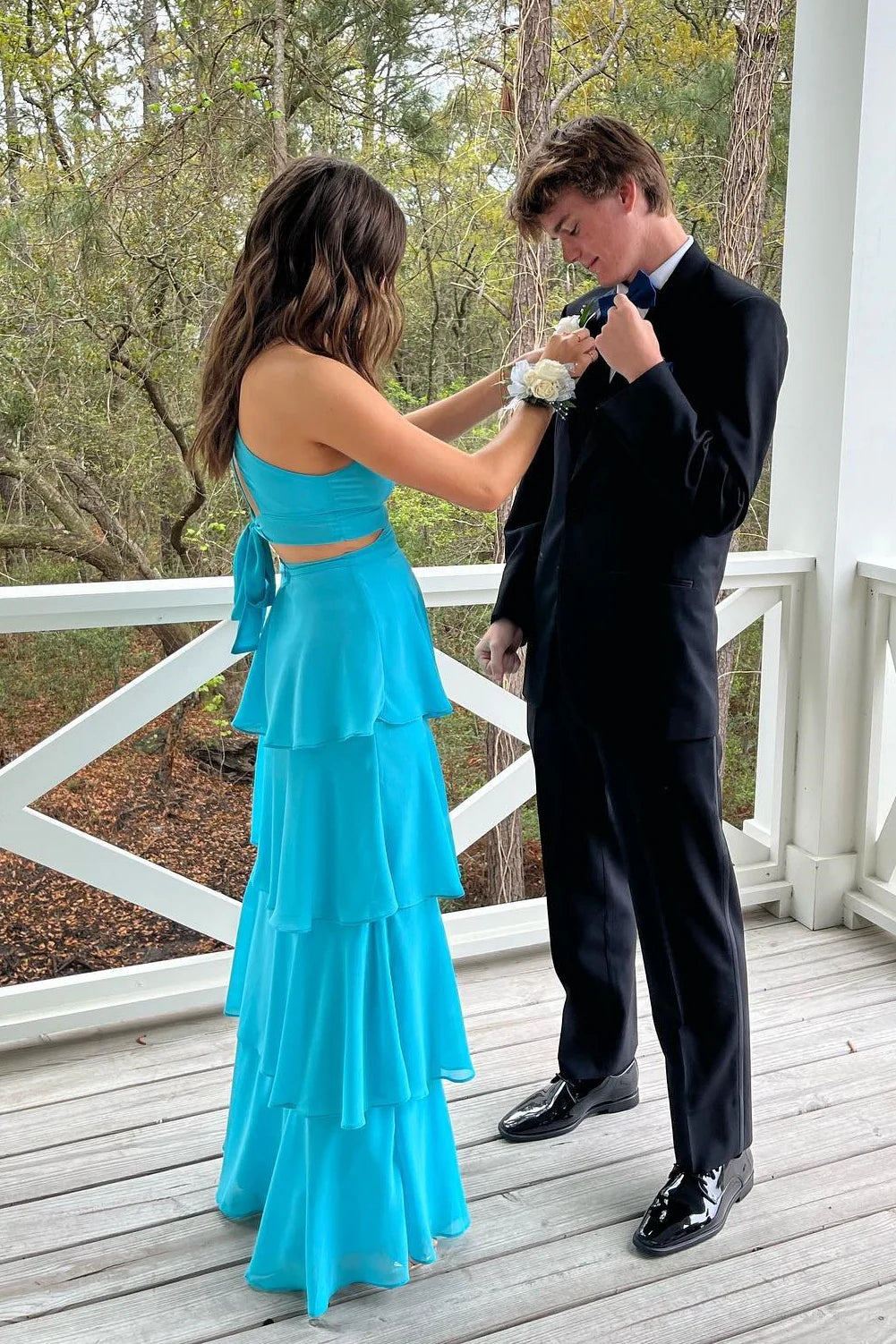 Teal Chiffon A-Line V-Neck Floor-Length Evening Dress with Tiered Skirt & Side Cut-Outs