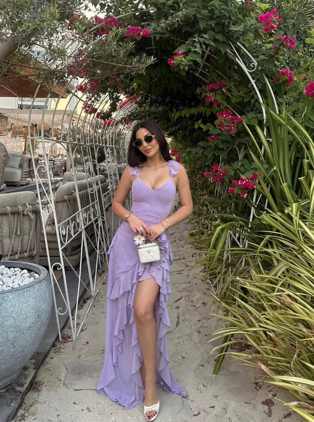 Lavender Chiffon A-Line V-Neck Floor-Length Bridesmaid Dress