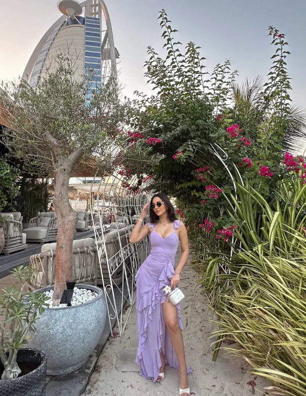 Chiffon Halter Neck Ruched Bodice Ruffle Trim High-Slit Open-Back Floor-Length Romantic Formal Evening Dress