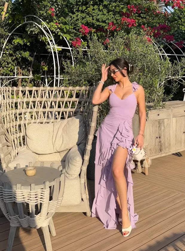 Chiffon Halter Neck Ruched Bodice Ruffle Trim High-Slit Open-Back Floor-Length Romantic Formal Evening Dress