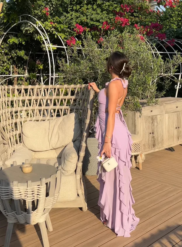 Chiffon Halter Neck Ruched Bodice Ruffle Trim High-Slit Open-Back Floor-Length Romantic Formal Evening Dress