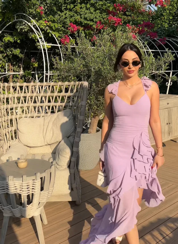 Lavender Chiffon A-Line V-Neck Floor-Length Bridesmaid Dress