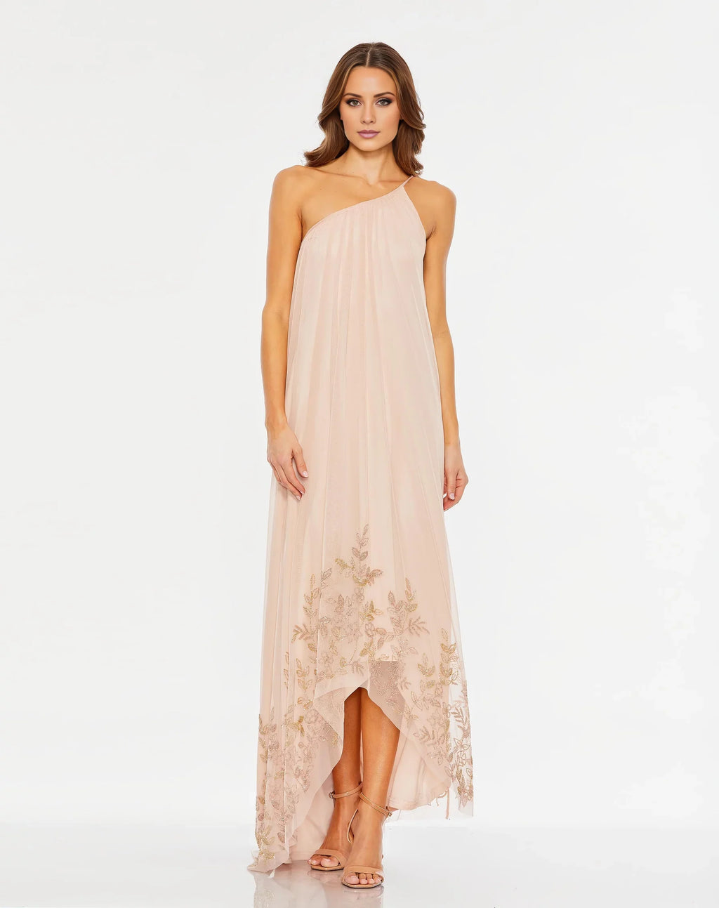 Blushing Pink Chiffon A-Line One Shoulder Bridesmaid Dress with High-Low Hem & Gold Embroidery