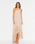 Blushing Pink Chiffon A-Line One Shoulder Bridesmaid Dress with High-Low Hem & Gold Embroidery