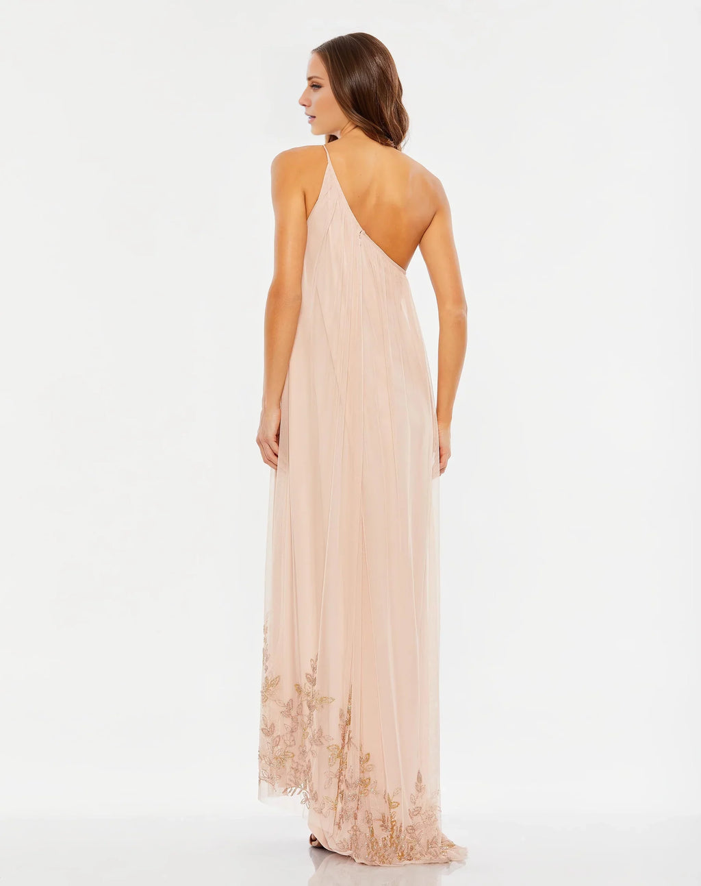 Blushing Pink Chiffon A-Line One Shoulder Bridesmaid Dress with High-Low Hem & Gold Embroidery