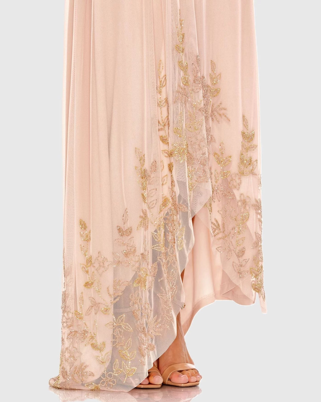 Blushing Pink Chiffon A-Line One Shoulder Bridesmaid Dress with High-Low Hem & Gold Embroidery