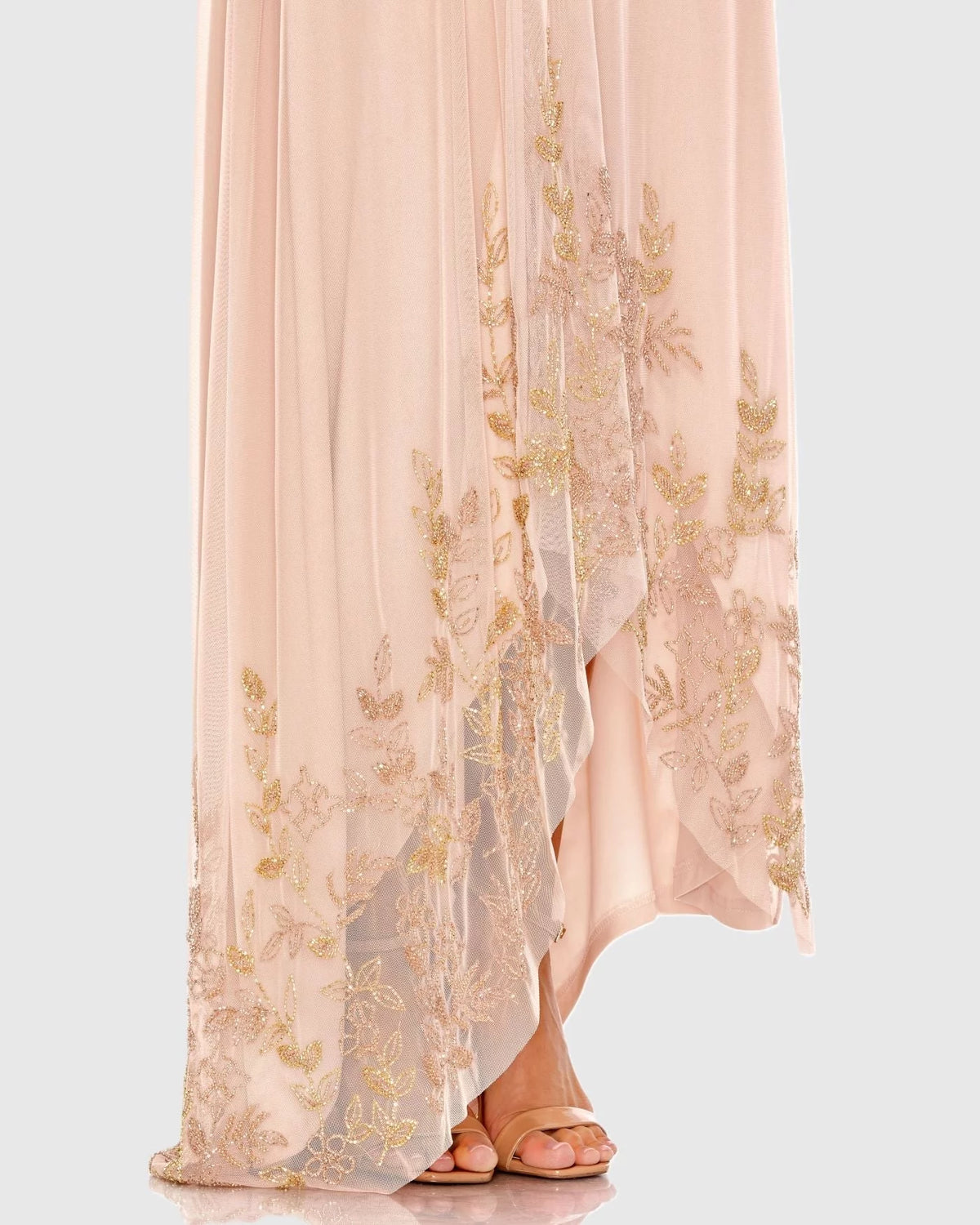 Blushing Pink Chiffon A-Line One Shoulder Bridesmaid Dress with High-Low Hem & Gold Embroidery