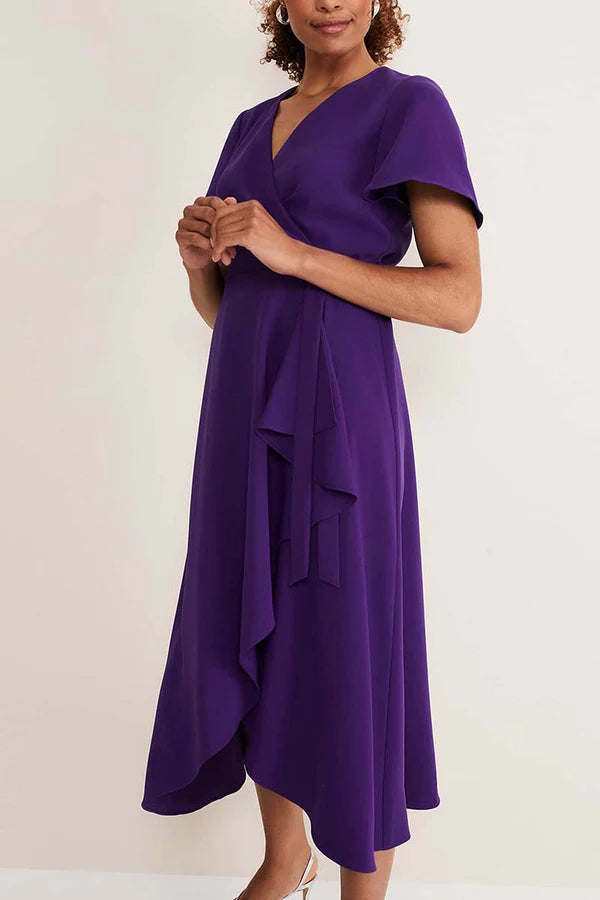 Purple Crepe A-Line Midi Evening Dress with V-Neck, Wrap Design & Asymmetrical Ruffled Hem
