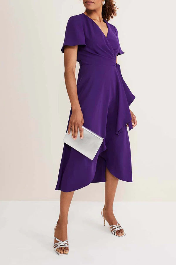 Purple Crepe A-Line Midi Evening Dress with V-Neck, Wrap Design & Asymmetrical Ruffled Hem