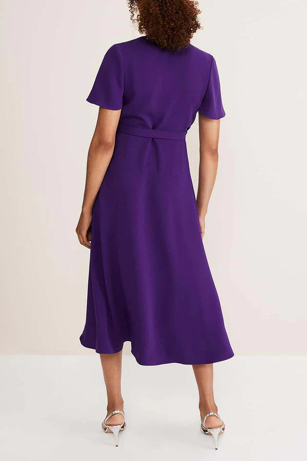 Purple Crepe A-Line Midi Evening Dress with V-Neck, Wrap Design & Asymmetrical Ruffled Hem