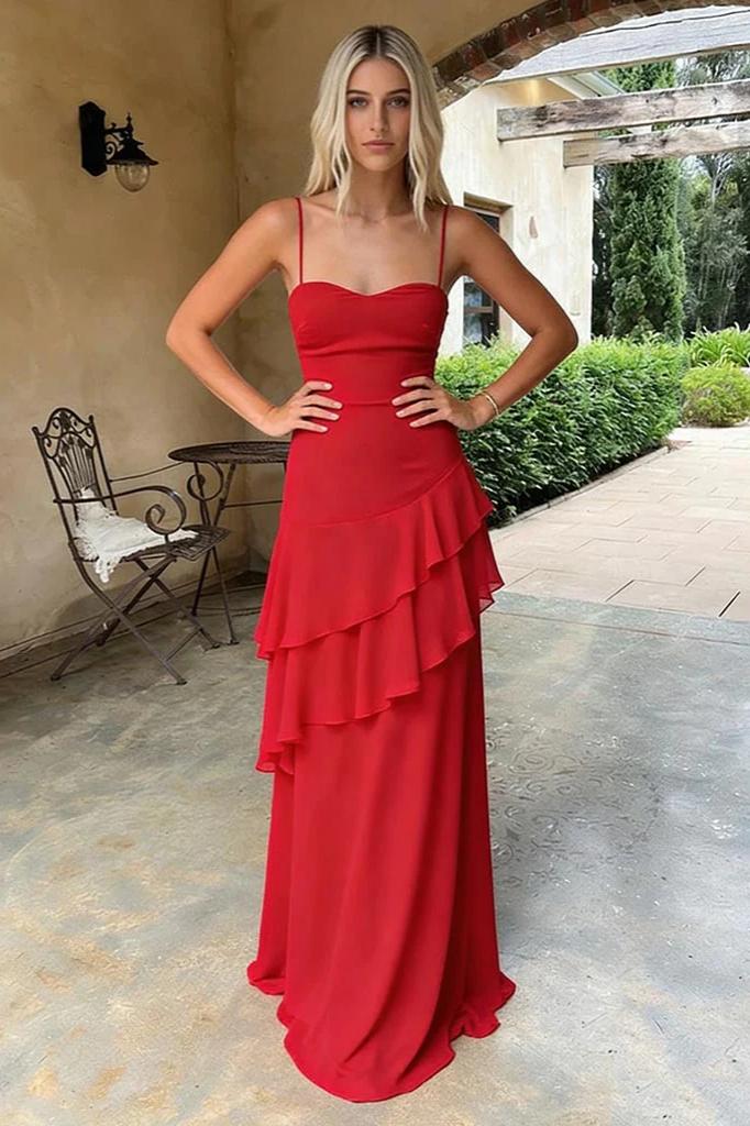 Chiffon Spaghetti-Strap Sweetheart Neck Tiered Ruffle Lace-Up Back Floor-Length Evening Dresses