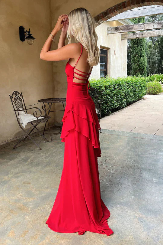 Chiffon Spaghetti-Strap Sweetheart Neck Tiered Ruffle Lace-Up Back Floor-Length Evening Dresses