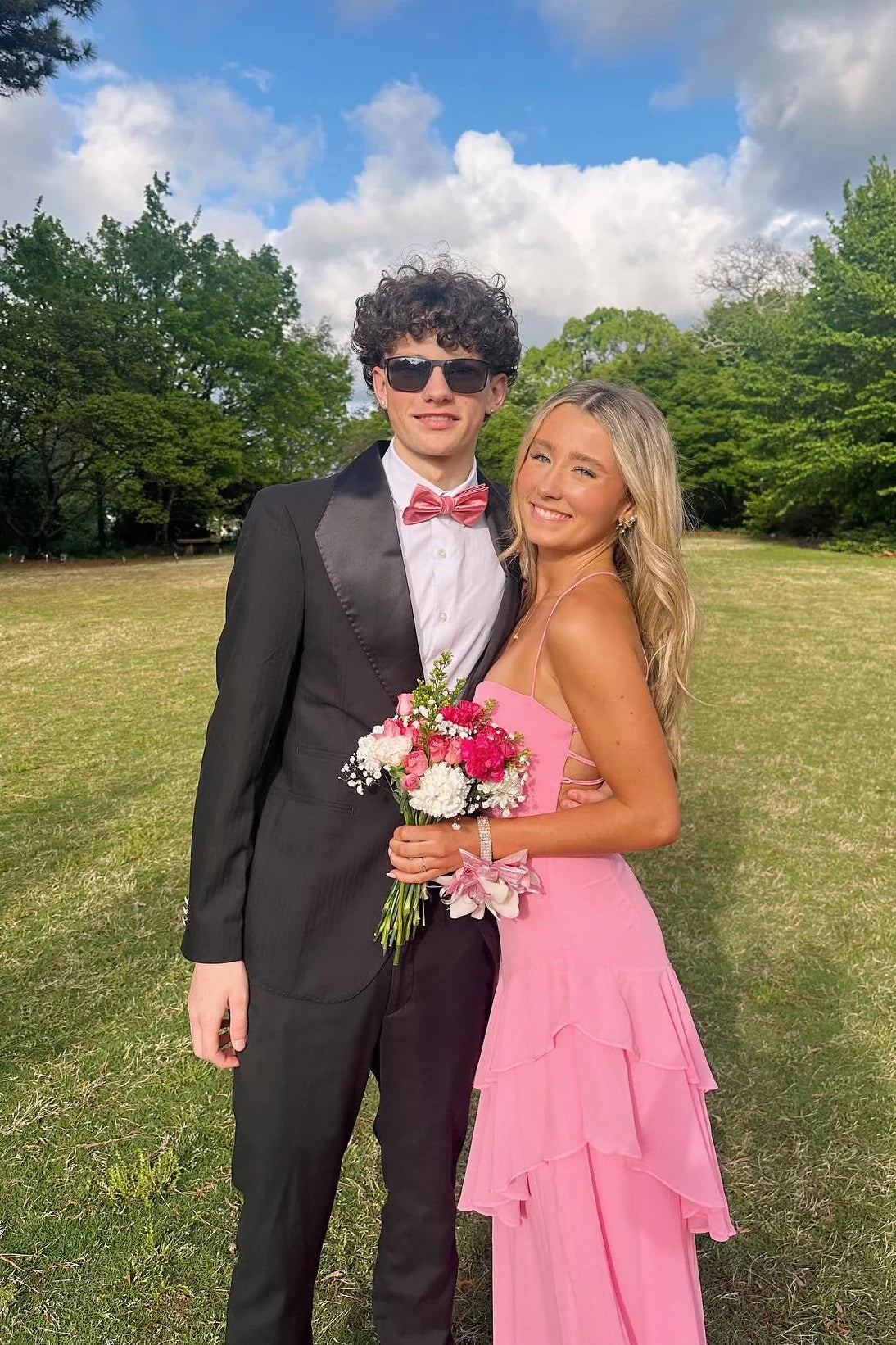 Chiffon Spaghetti-Strap Sweetheart Tiered Ruffle A-Line Floor-Length Prom Dress