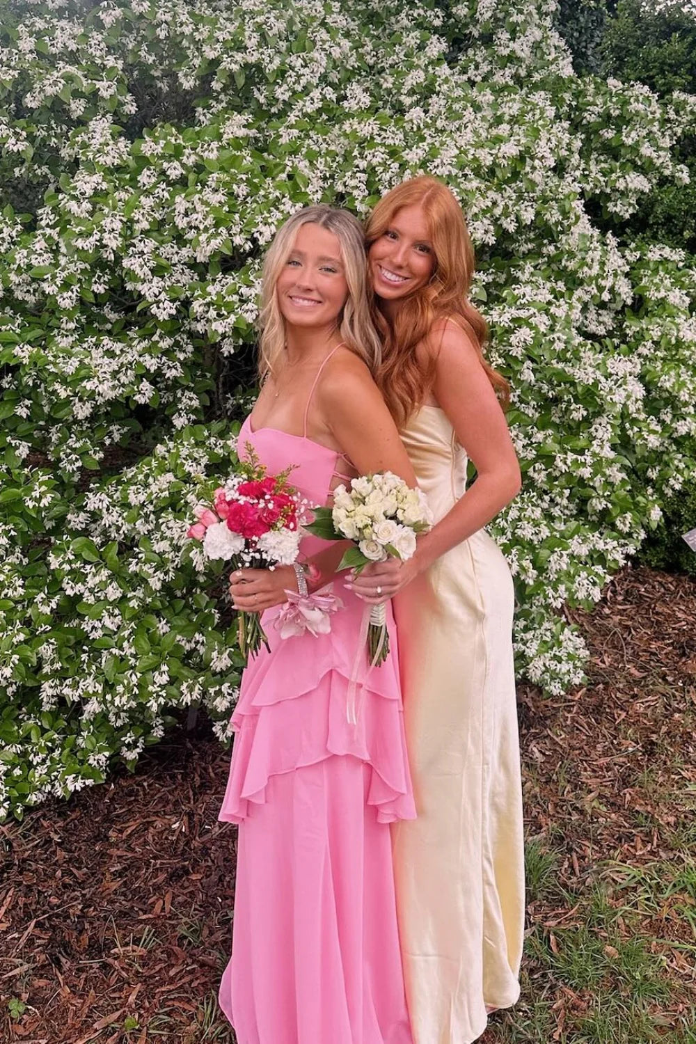 Pink Chiffon A-Line Tiered Ruffles Floor-Length Bridesmaid Dress