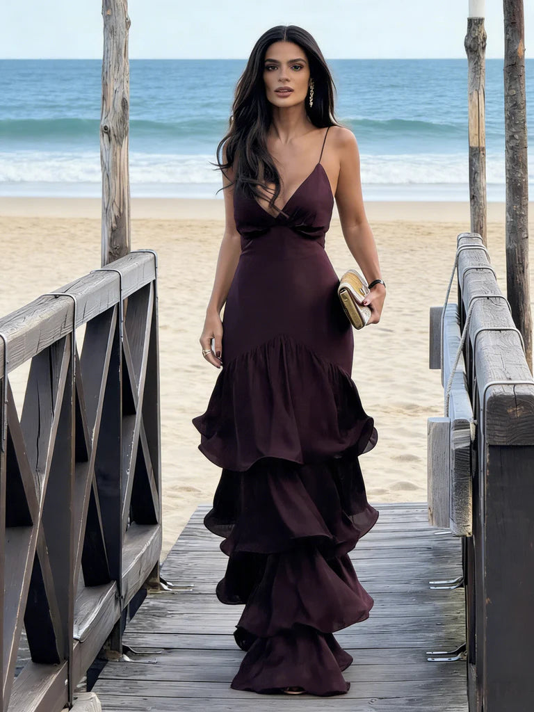 Burgundy V-Neck Tiered Satin Chiffon Floor-Length Evening Dress