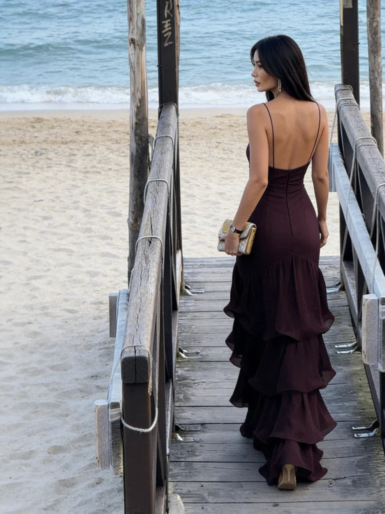 Burgundy V-Neck Tiered Satin Chiffon Floor-Length Evening Dress
