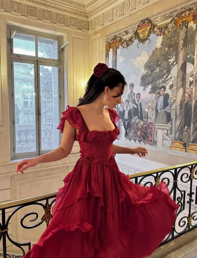 Chiffon Square Neck Ruffle Cap Sleeve Corset Tiered Midi Evening Dress