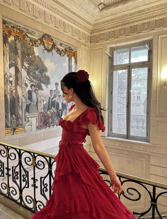 Chiffon Square Neck Ruffle Cap Sleeve Corset Tiered Midi Evening Dress