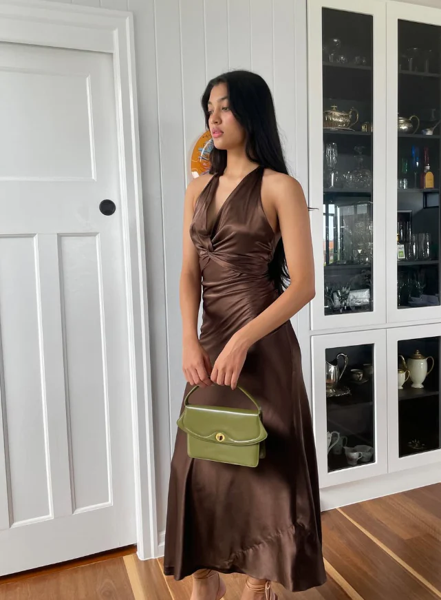 Chocolate Brown Halter Neck Twist-Front Satin Midi Evening Dress