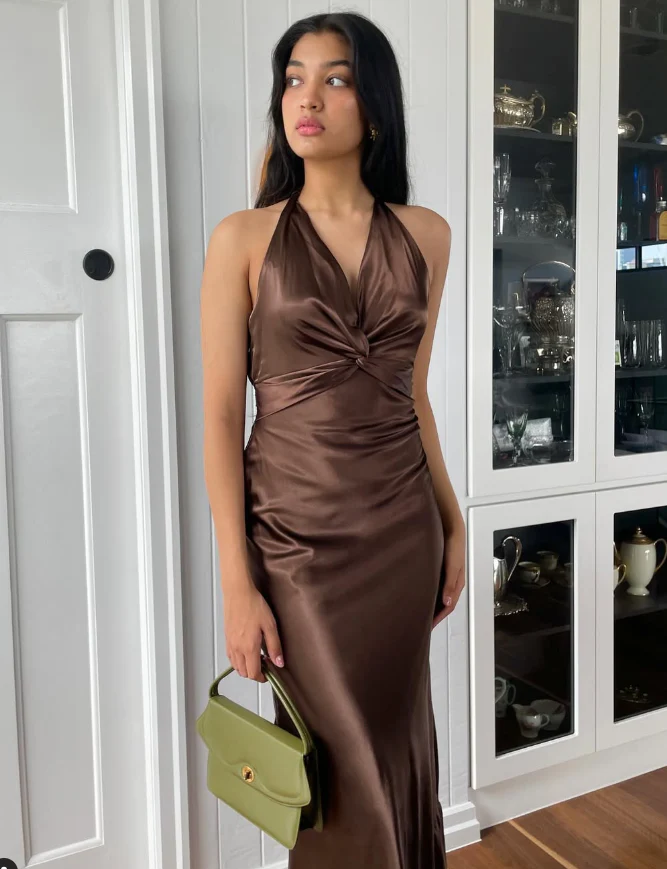 Chocolate Brown Halter Neck Twist-Front Satin Midi Evening Dress