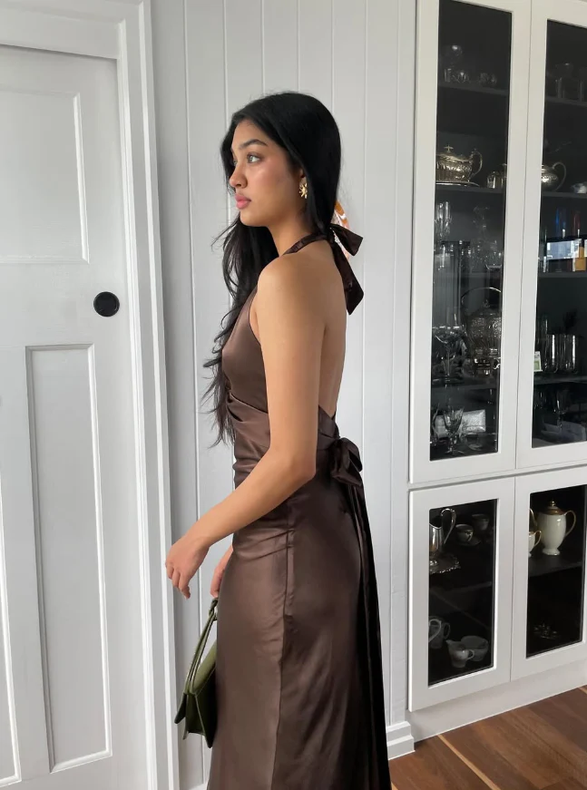 Chocolate Brown Halter Neck Twist-Front Satin Midi Evening Dress