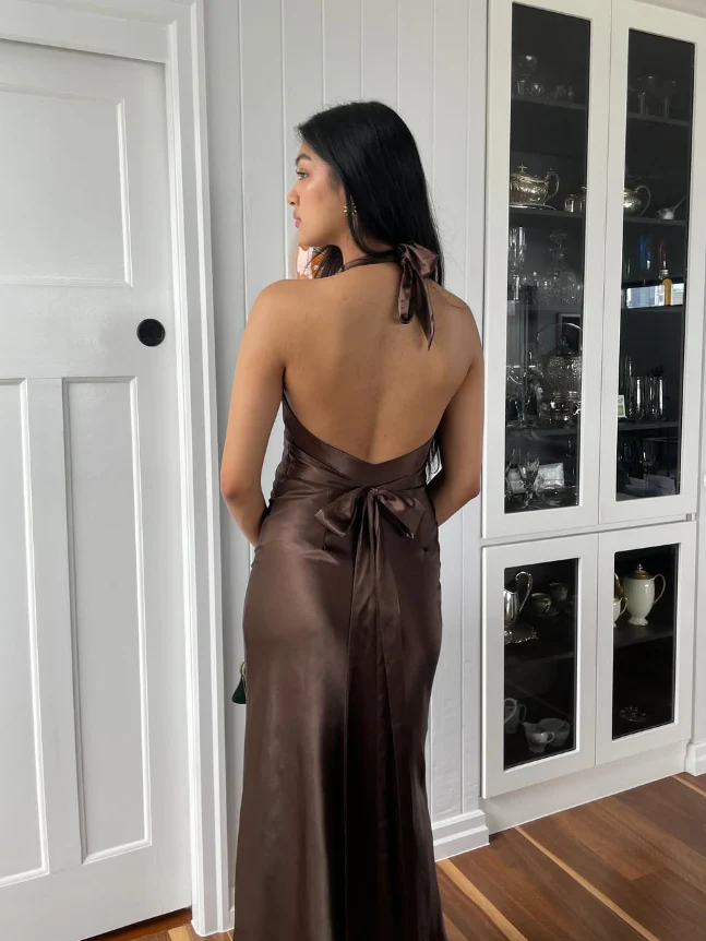 Chocolate Brown Halter Neck Twist-Front Satin Midi Evening Dress