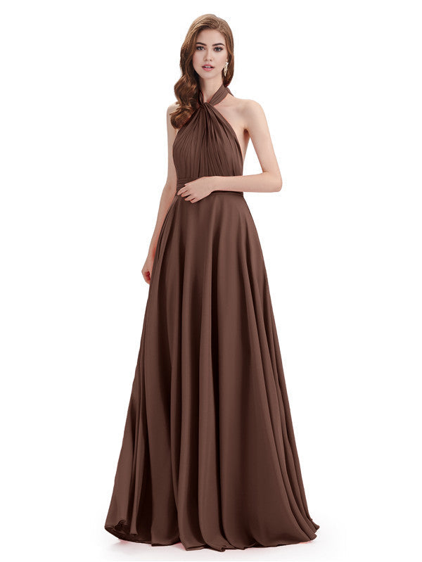 Vestidos de dama de honor sencillos de corte A, cuello alto, halter, sin mangas, plisados, de gasa, hasta el suelo