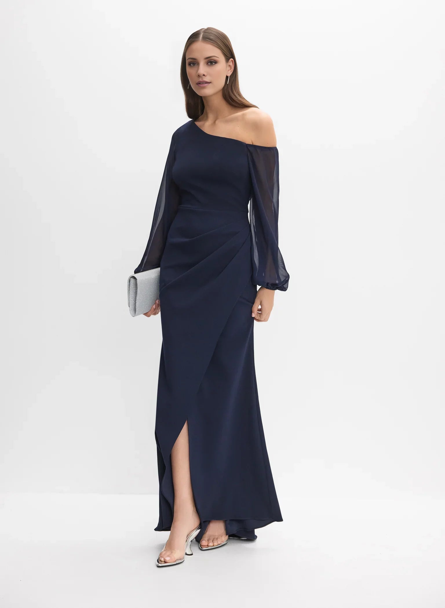 Classic A-Line One-Shoulder Neck Sheer Sleeve Side-Slit Floor-Length Evening Dress