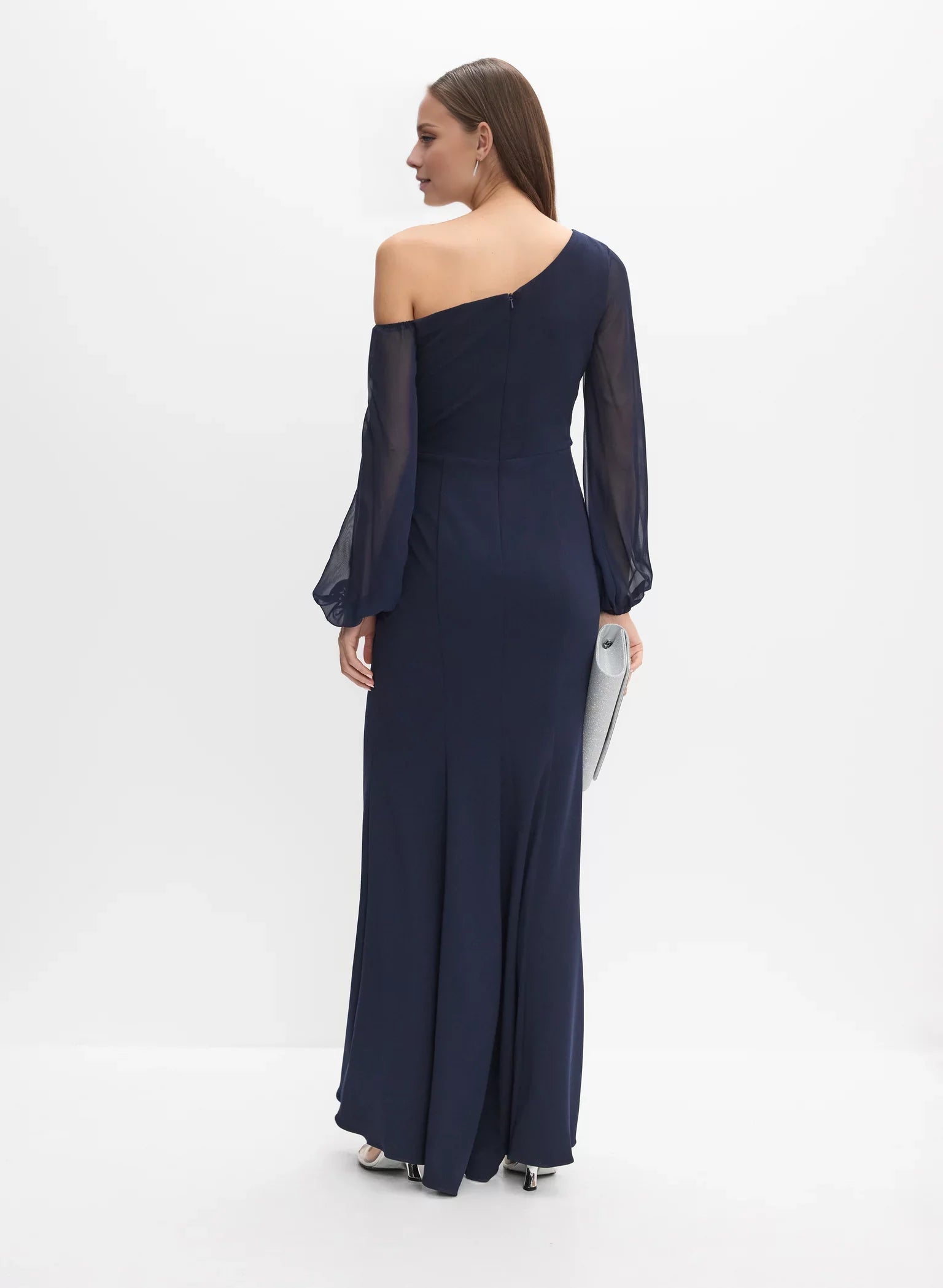 Classic A-Line One-Shoulder Neck Sheer Sleeve Side-Slit Floor-Length Evening Dress