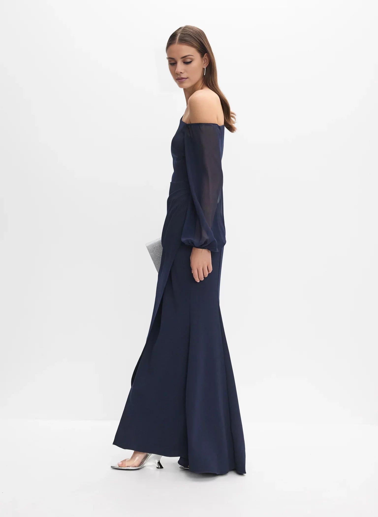 Classic A-Line One-Shoulder Neck Sheer Sleeve Side-Slit Floor-Length Evening Dress