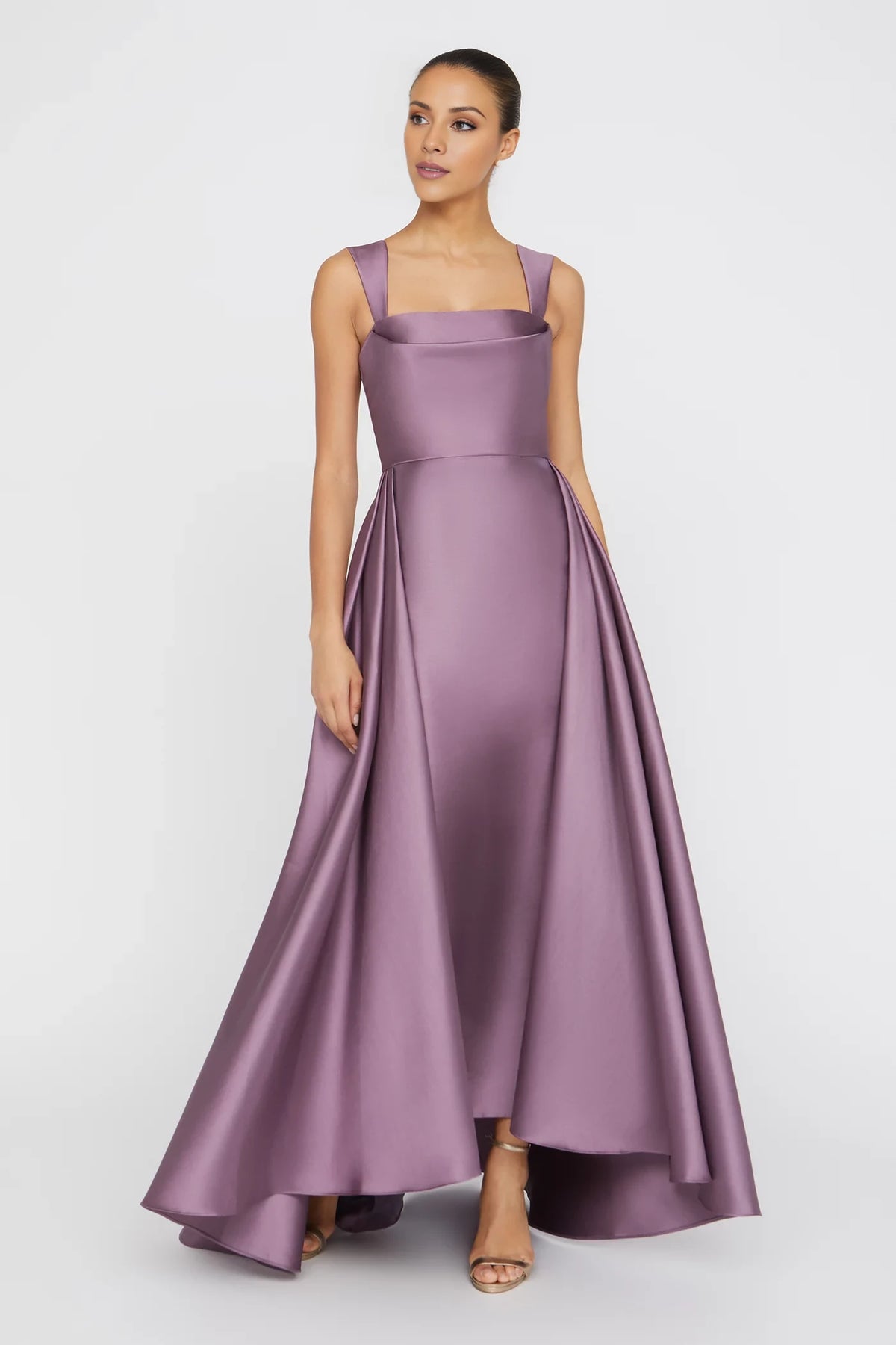 Lilac Satin A-Line Asymmetrical Bridesmaid Dress - Square Neck & High-Low Hem