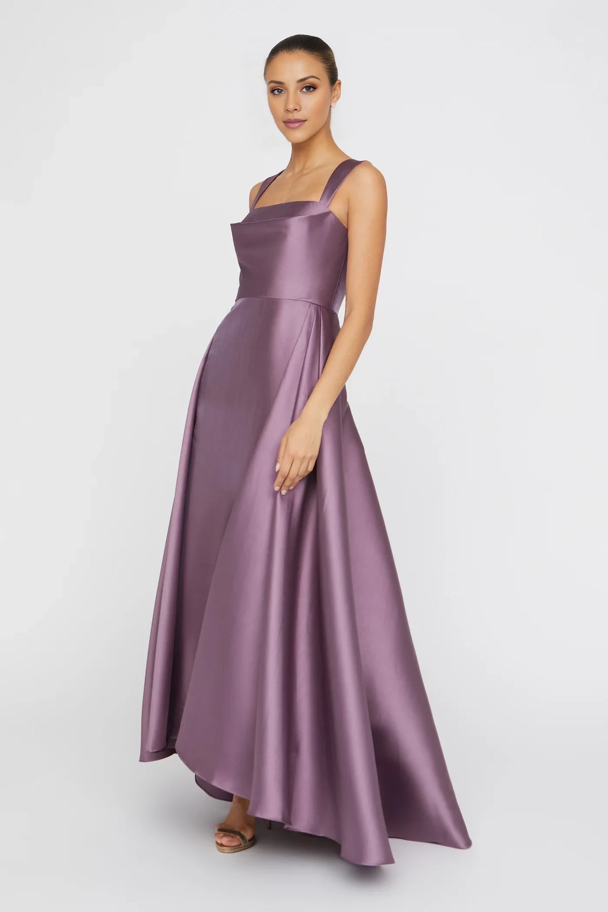 Lilac Satin A-Line Asymmetrical Bridesmaid Dress - Square Neck & High-Low Hem