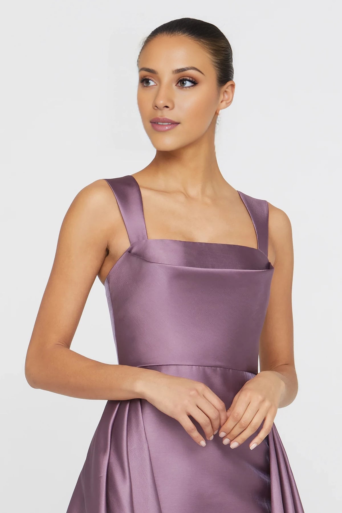 Lilac Satin A-Line Asymmetrical Bridesmaid Dress - Square Neck & High-Low Hem