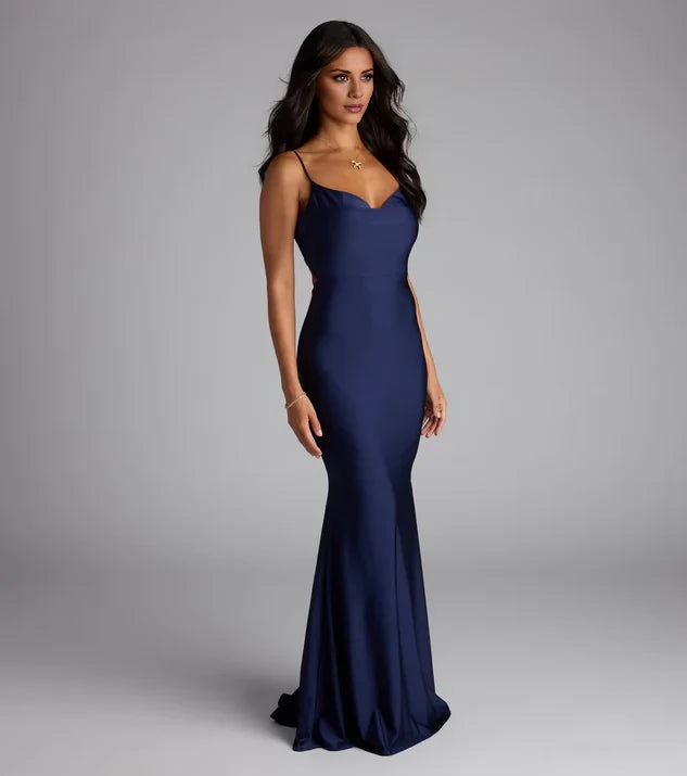 Classic Deep V-Neck Sleeveless Spaghetti Strap Open Back Mermaid Floor-Length Evening Dress