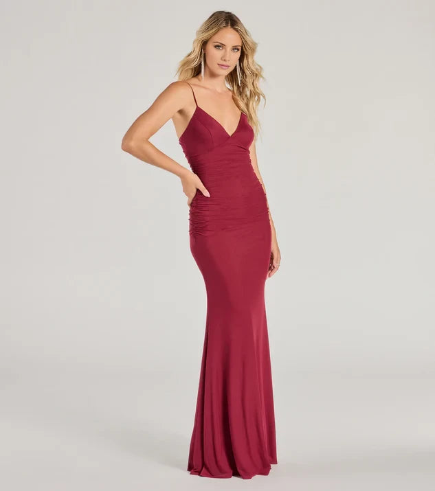 Classic Deep V-Neck Sleeveless Spaghetti Strap Ruched Mermaid Floor-Length Evening Dress