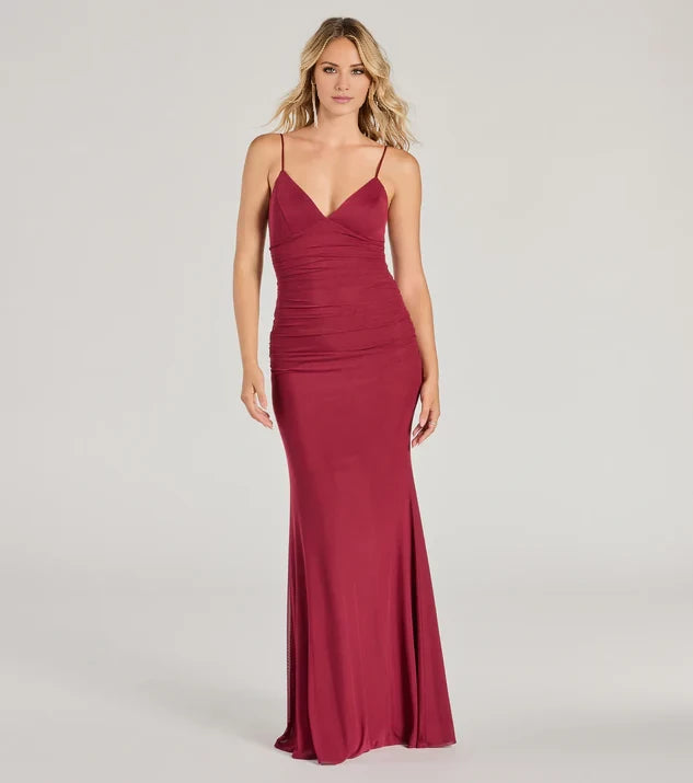 Classic Deep V-Neck Sleeveless Spaghetti Strap Ruched Mermaid Floor-Length Evening Dress