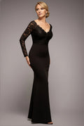 Black Lace Sheath/column Floor-Length Dress with Lace Bodice, Long Sleeves & V-Neck