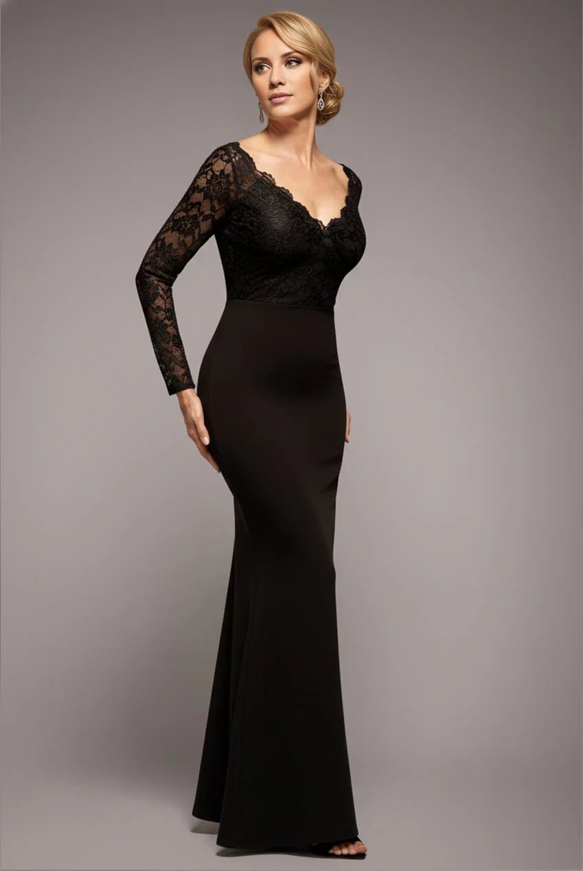Black Lace Sheath/column Floor-Length Dress with Lace Bodice, Long Sleeves & V-Neck