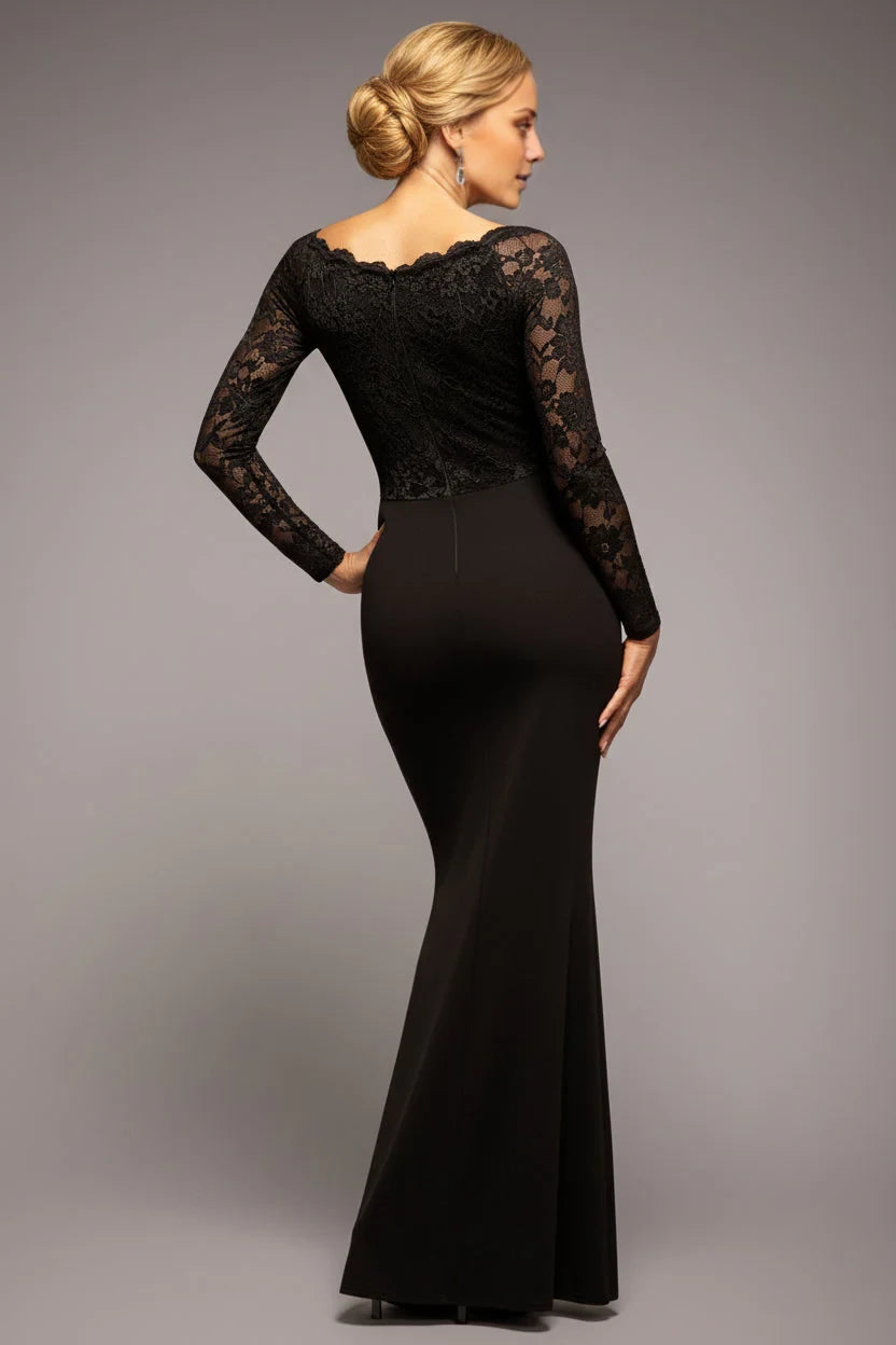 Black Lace Sheath/column Floor-Length Dress with Lace Bodice, Long Sleeves & V-Neck