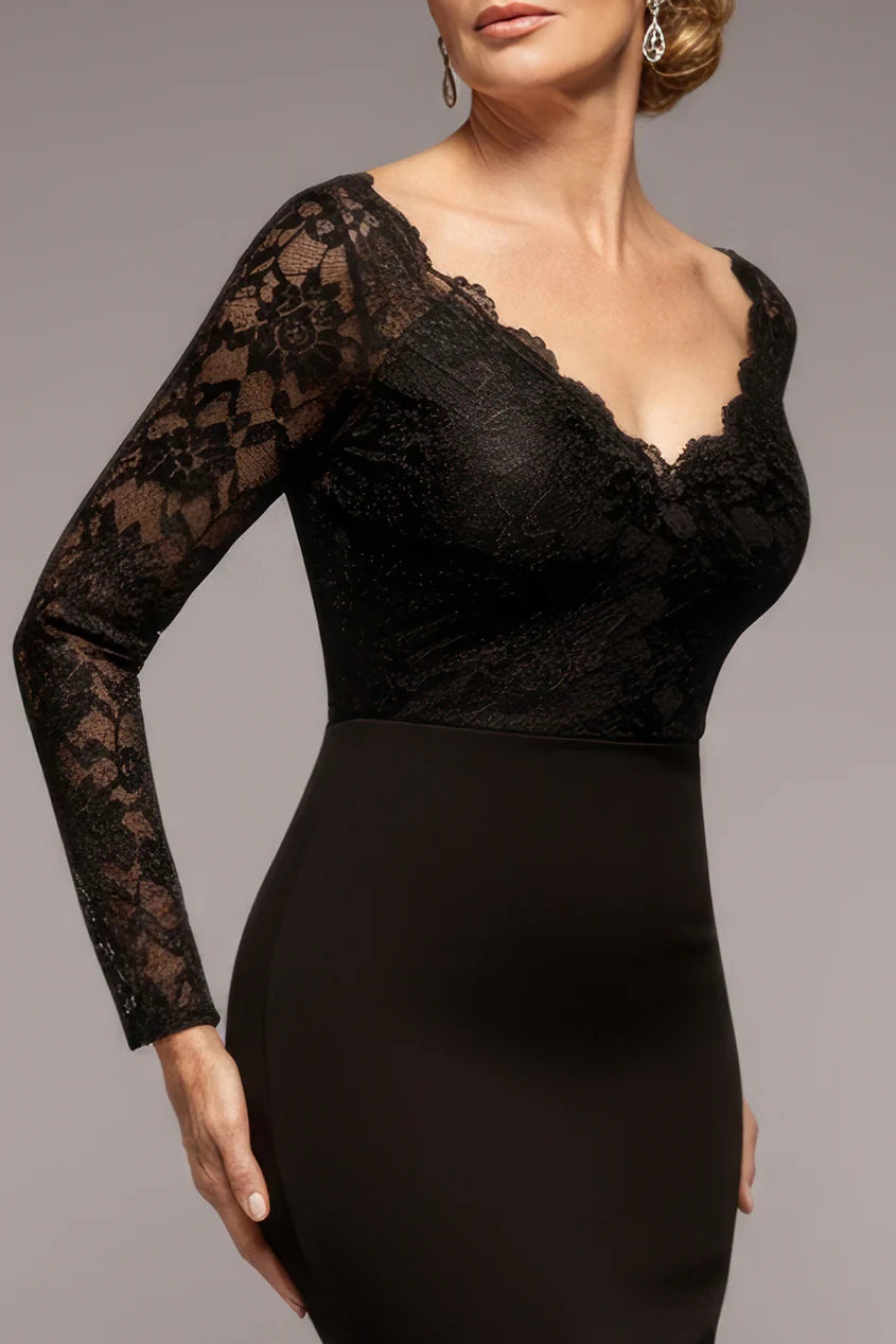 Black Lace Sheath/column Floor-Length Dress with Lace Bodice, Long Sleeves & V-Neck