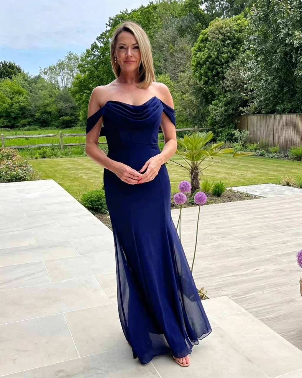 Classic Mermaid Off-The-Shoulder Draped Cowl Neck Chiffon Floor Length Navy Evening Dress