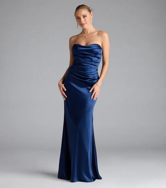 Classic Mermaid Off the Shoulder Neck Strapless Ruched Satin Floor-Length Evening Dress