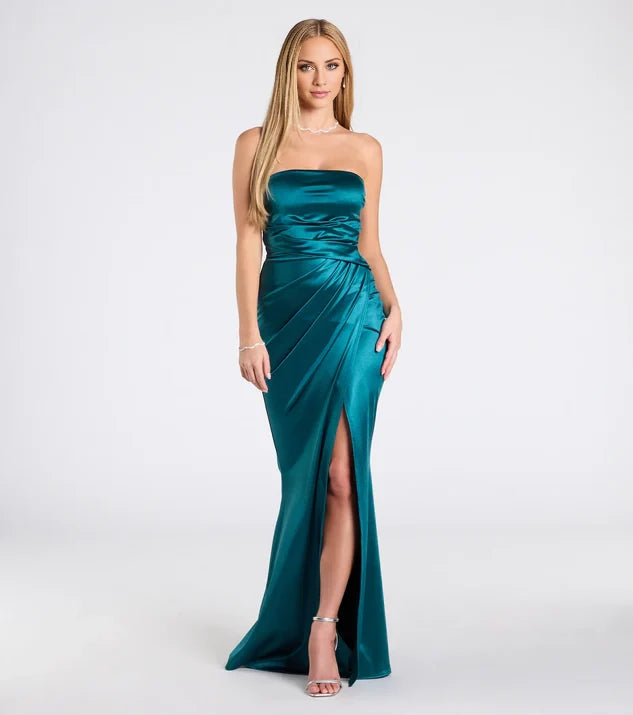 Classic Off Shoulder Neck Teal Strapless Ruched Slit Satin Mermaid Floor-Length Evening Dress