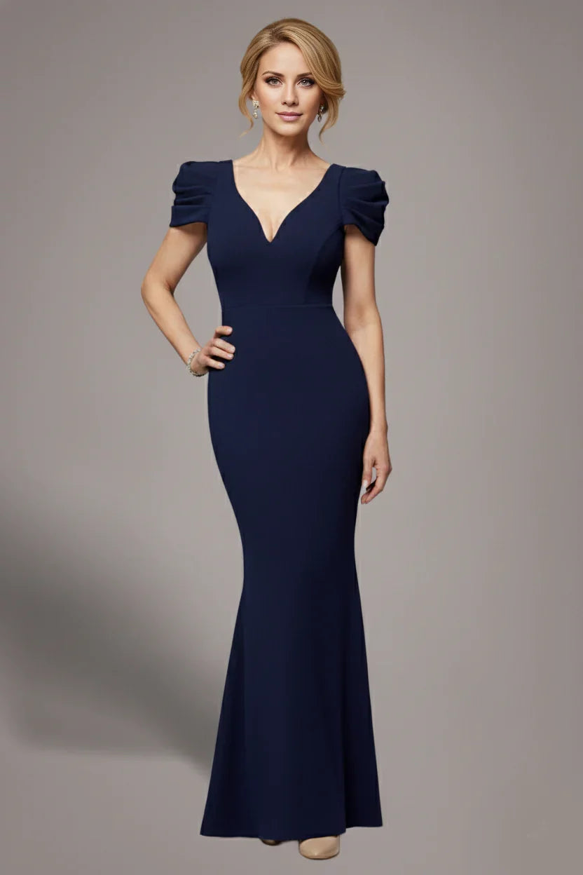 Dark Navy Crepe Mermaid Bridesmaid Dress with V-Neck Puffed Sleeves