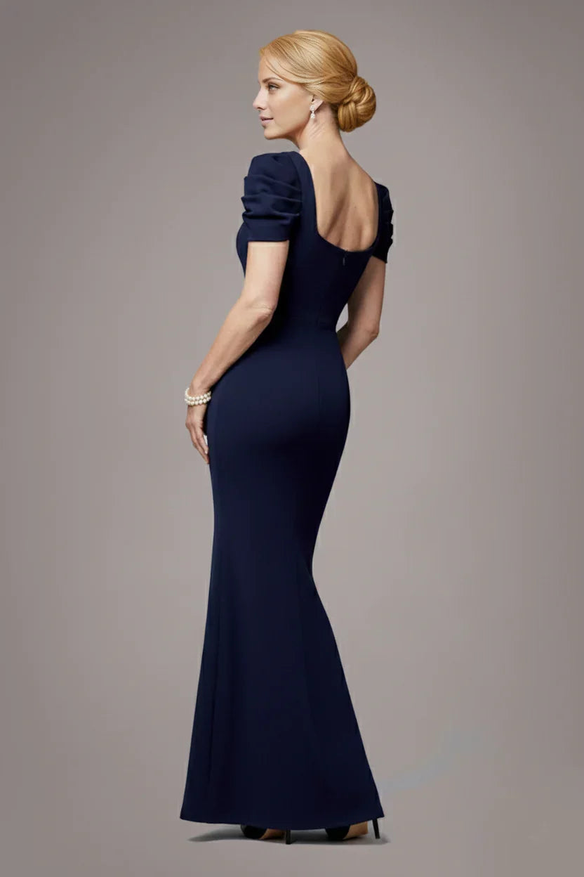 Dark Navy Crepe Mermaid Bridesmaid Dress with V-Neck Puffed Sleeves