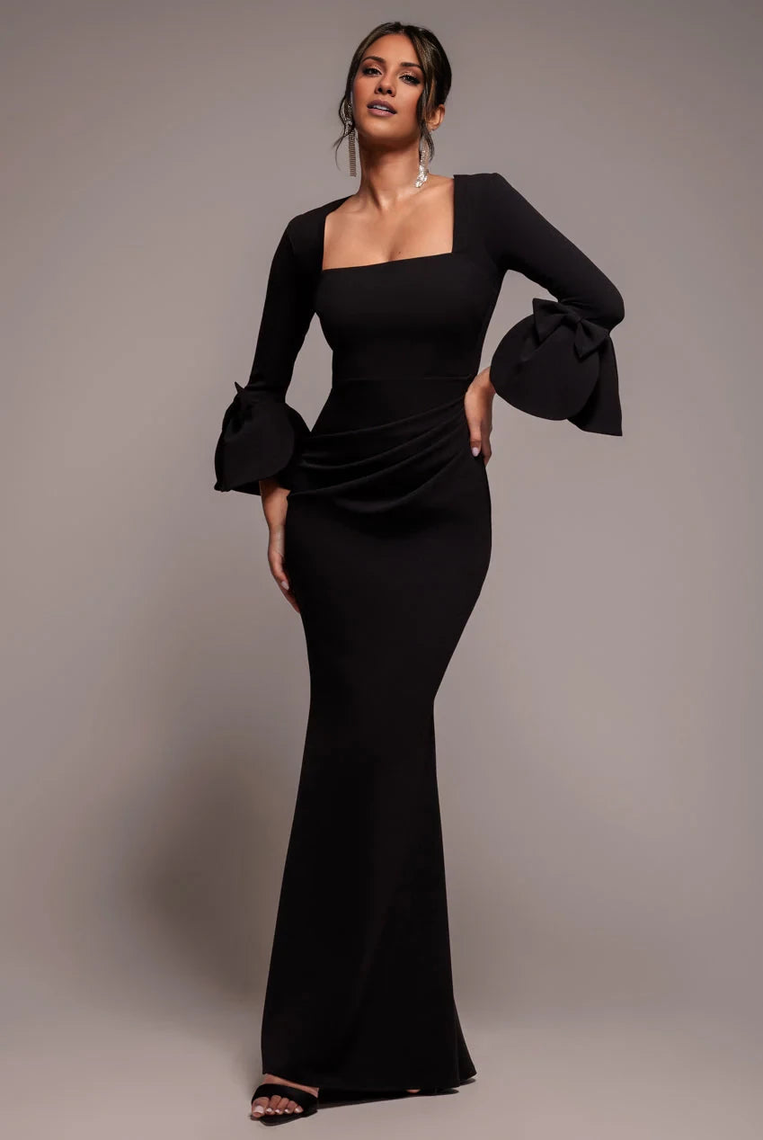 Classic Square Neck Bow-Detailed Ruffled Sleeve Mermaid Floor-Length Evening Dress